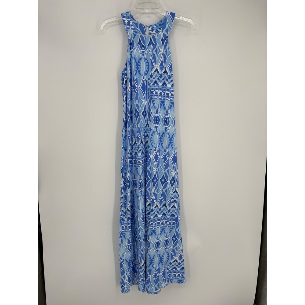 J.McLaughlin Dress Women XS Blue Geometric Edie Halter Neck Sleeveless Maxi